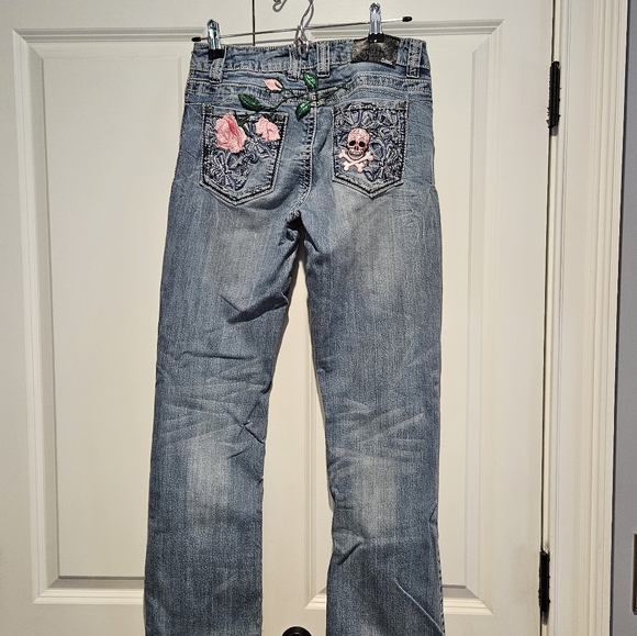 Petrol bootcut jeans with embroidered pink flowers skull and lizard size 28 - Picture 3 of 10